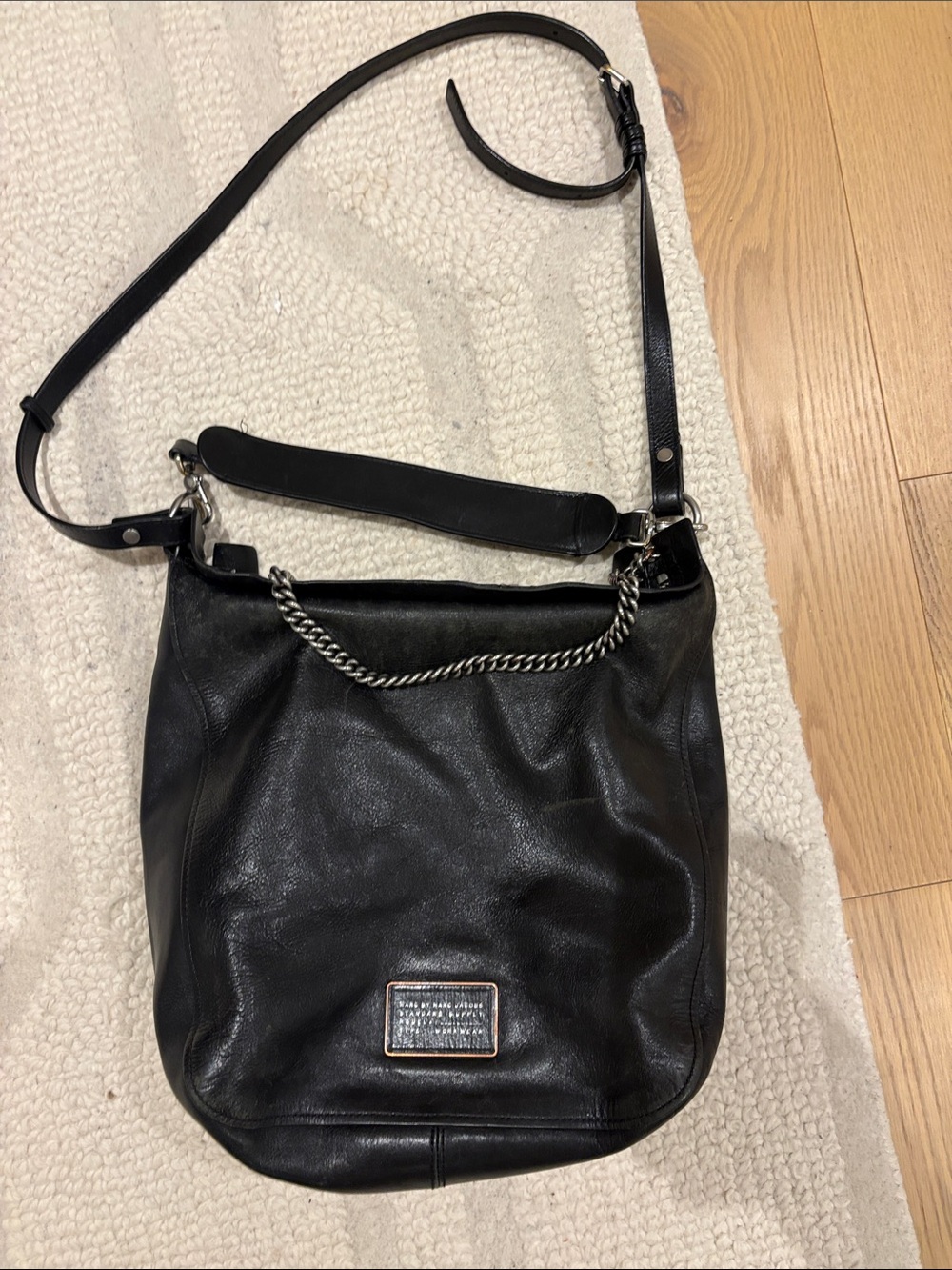 Marc By Marc Jacobs Black Leather Shoulder Bag with Silver Chain Detail